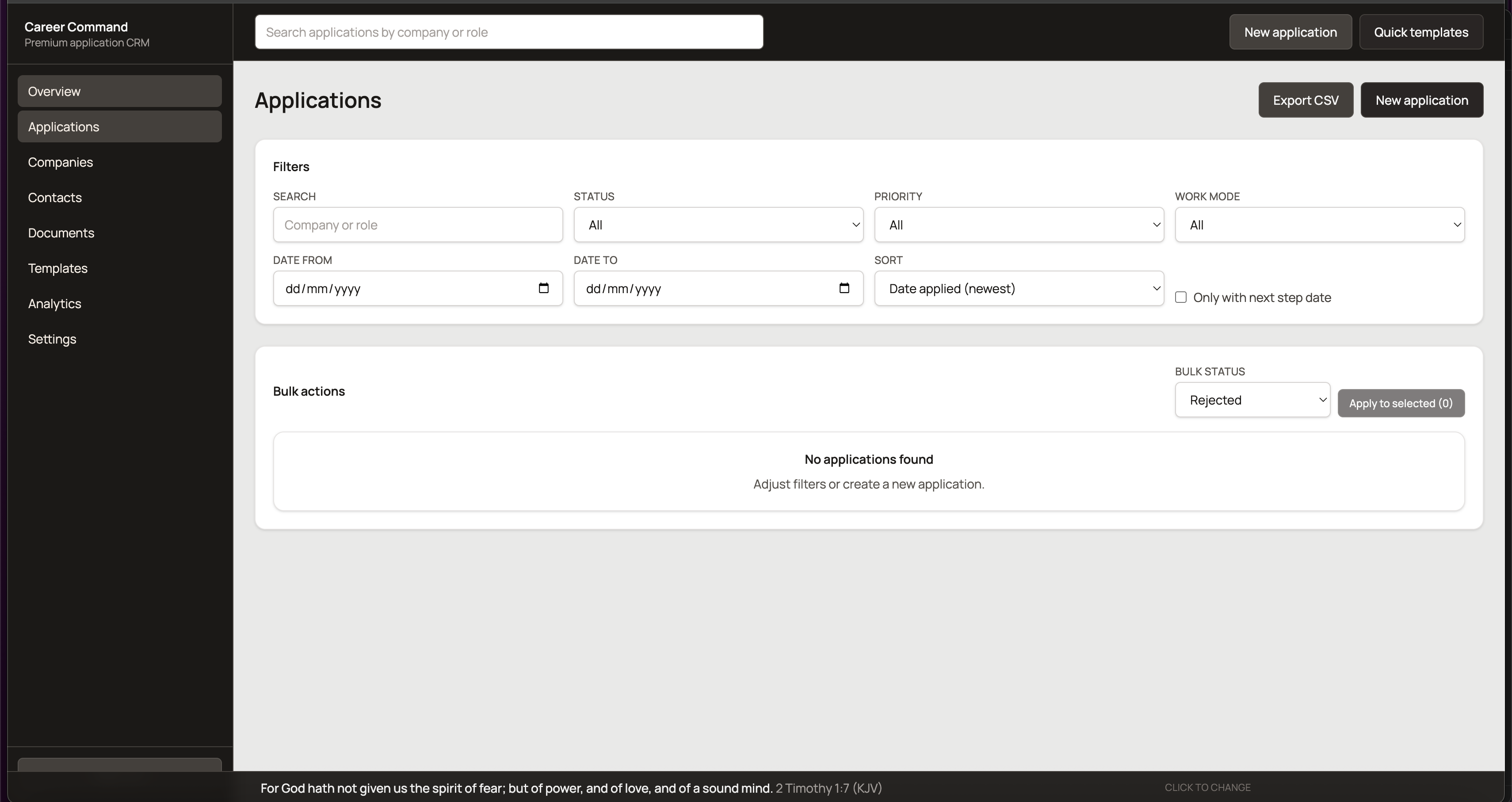 Application Command Centre applications page