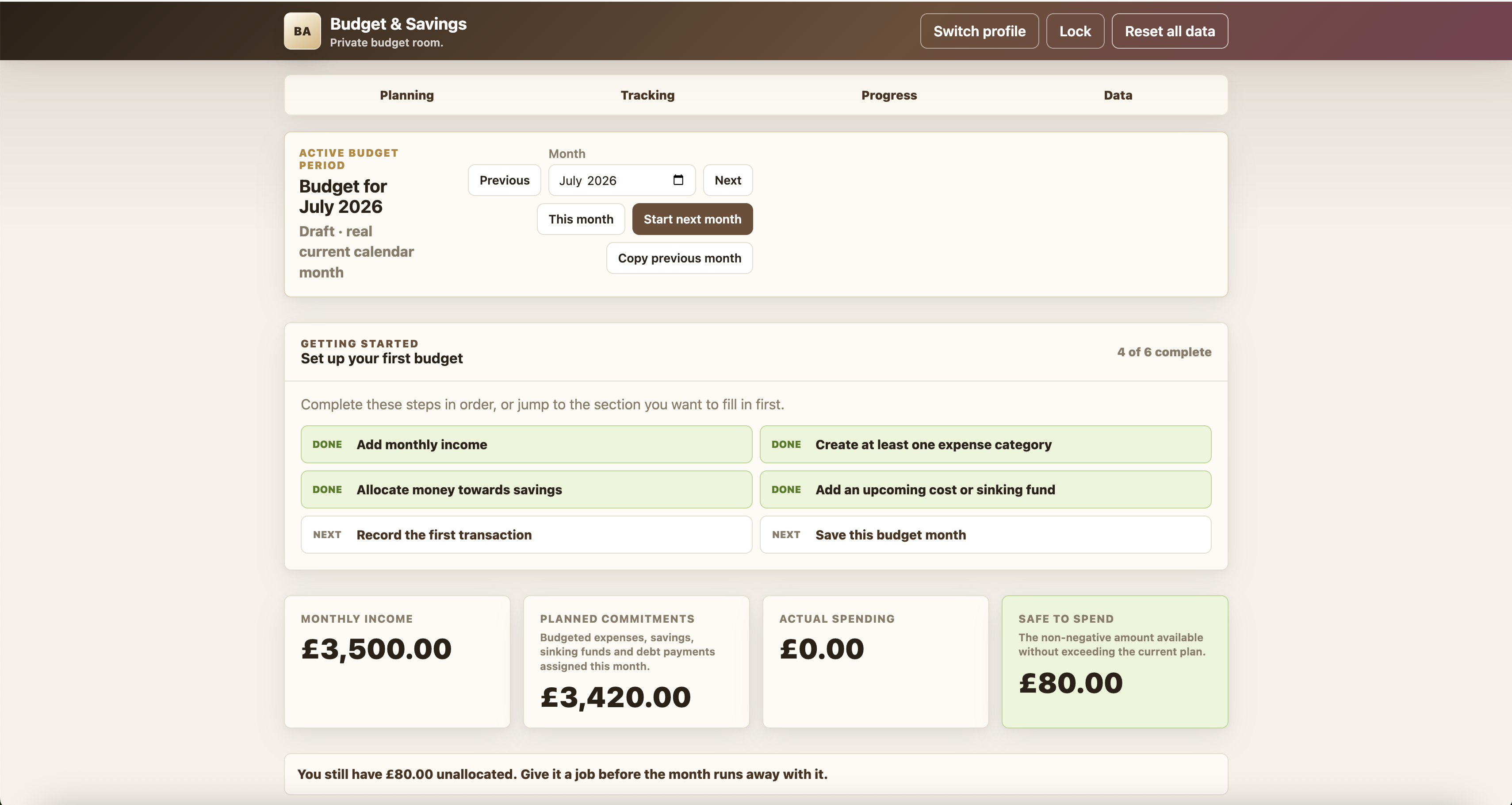 Budget & Savings Goals dashboard