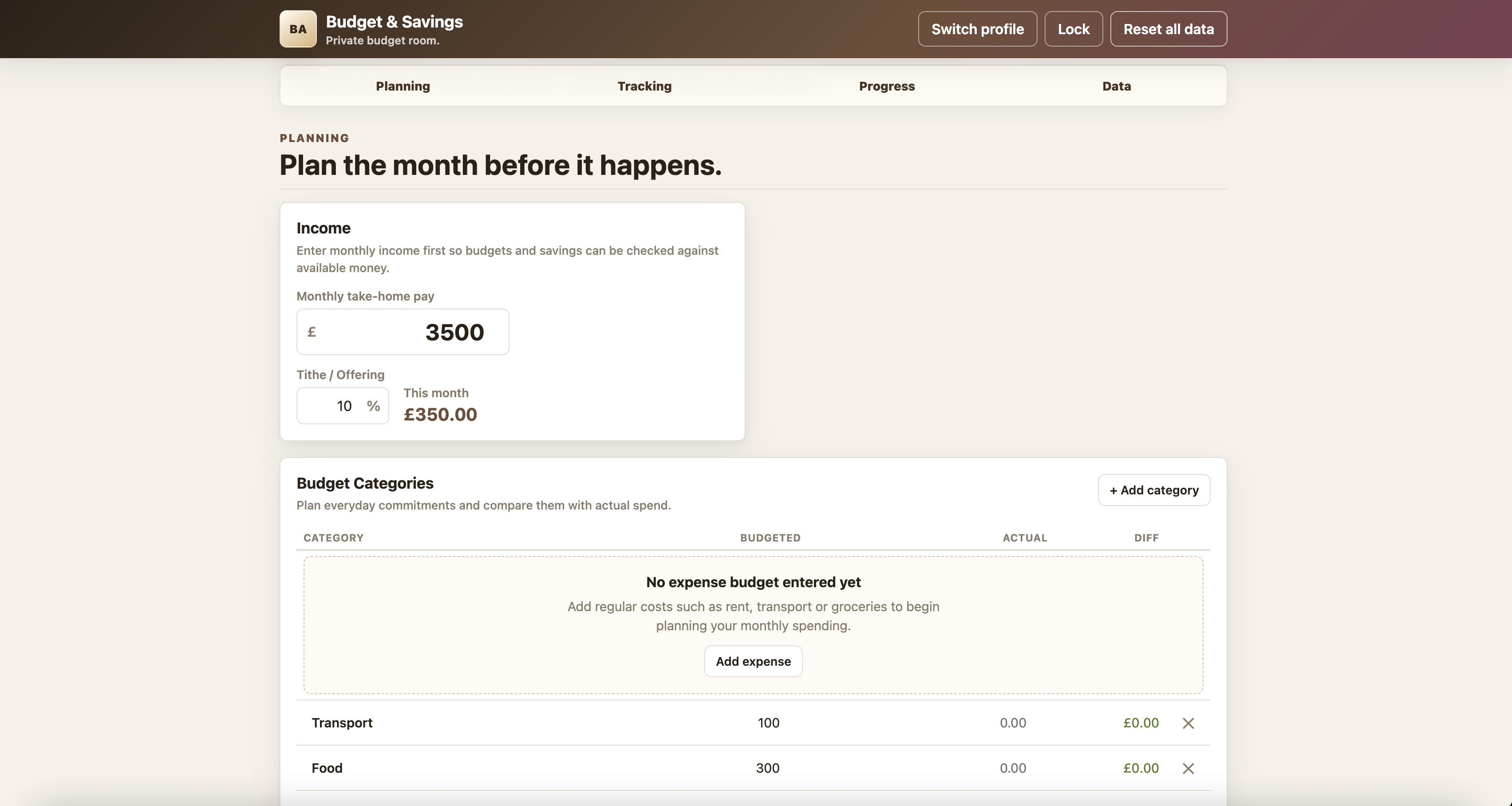 Planning view with monthly income and tithe